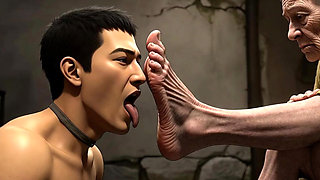 Male Slave Licking 90 Year Old Granny Wrinkled Feet - Horny Mistress