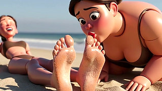 Fat Woman Licking Sandy Feet of Skinny Girl - Beach Humiliation