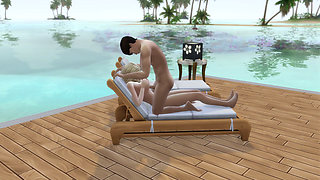 Couple in love have sex in public on the beach. The sims