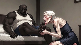 90 Year Old Granny Slave Licking Giant Black Man Feet - Wet Pussy Pleasure