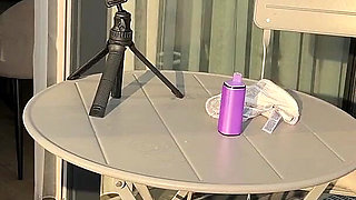 Hot Long Legs Sexy Beauty on the Balcony Flashes Her Panties Under Her Skirt Then Takes Underwear off to Show Tight Pussy