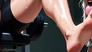Elderly Granny Worshipping Muscular Domme Feet in Gym