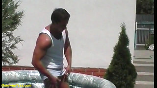 Big boob teen in sexy nylon clothes outdoor pool fucked