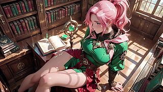 Deep squat teasing under the giant magic array, green battle gear stretched tight.
