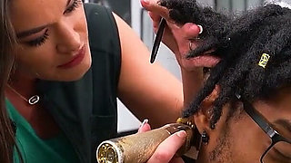 Busty Hairdresser Gives Oiled Interracial Handjob Then Takes Cum in Her Panties