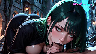 City ruins shake as big-titted goddess is slammed hard while neon facials splatter her dark lips
