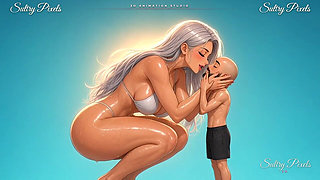 Giant Silver-haired Anime Babe Squats Down to Kiss Her Tiny Man
