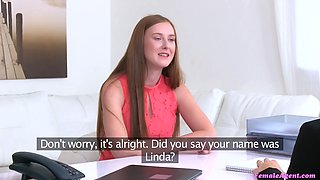 Girl agent - nervous amateur red haired turns sex-positive with lesbian tribbing