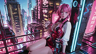 Pink-haired Mech Warrior! Kneeling in Neon Streets, Red Rose & Cold Armor Contrast, Fingertips tracing collarbones.