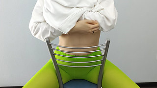 Redhead Teen Feeling Horny in Green Tights on Chair