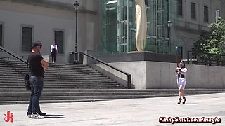 Slave Zenda Sultry paraded with dildo on a stick in publi