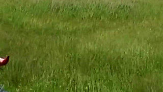 Redhead milf riding cock outside