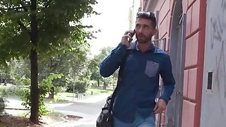 Pretty blonde doll performs a deep suck off on his massive