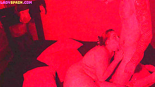 Busty Curvy Girl Tied up Gets Fucked Standing up at a Swingers Club. She Sucks Two Cocks at Once From Strangers