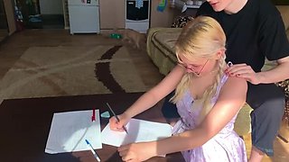 A timid scholar couldn't resist the teacher's cock, giving him an eager blowjob