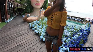 Cute Thai teenage eats cake and rides knob