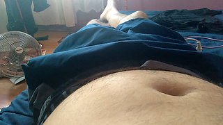 Boy masturbates his super cock on a very hot day