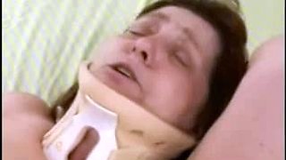 Old mature granny sucks young boy on red couch