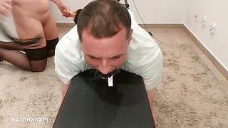 Femdom Spanks Ass & Makes Cuck Swallow Pee and Creampie - Cuckold Training